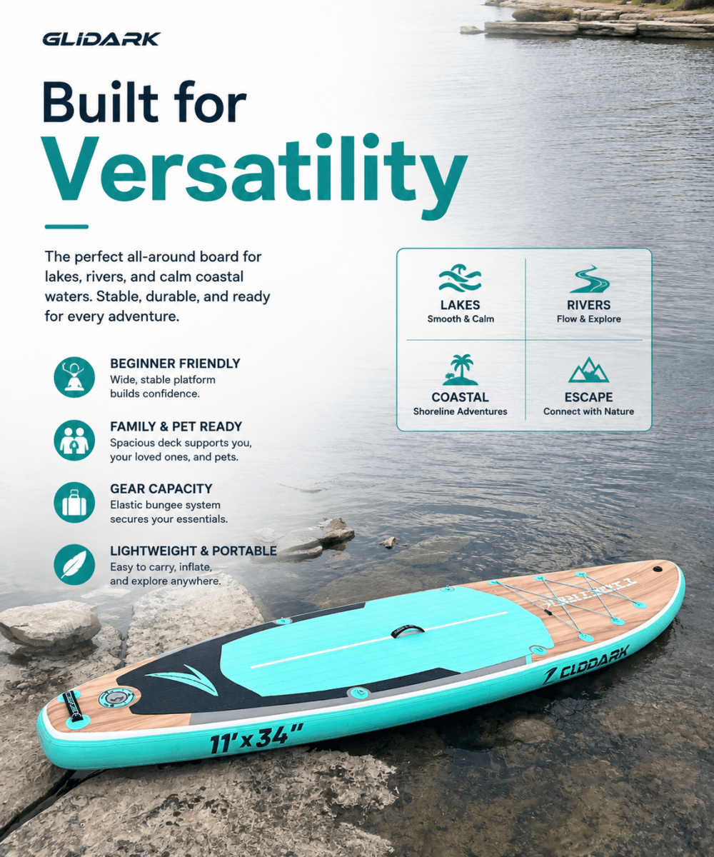 Glidark Explorer Inflatable Paddle Board 11ft Complete Kit with Kayak Seat, Double-blade Kayak Paddle - Glidark Outdoor Inc.